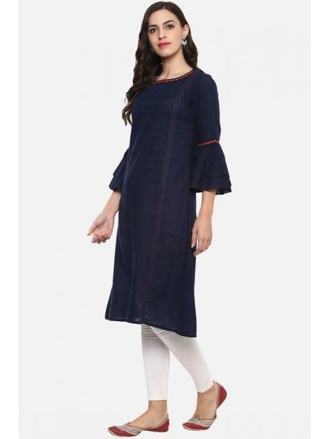 Generic Women's Casual Bell Sleeves Solid Cotton Slub Kurti (Blue)