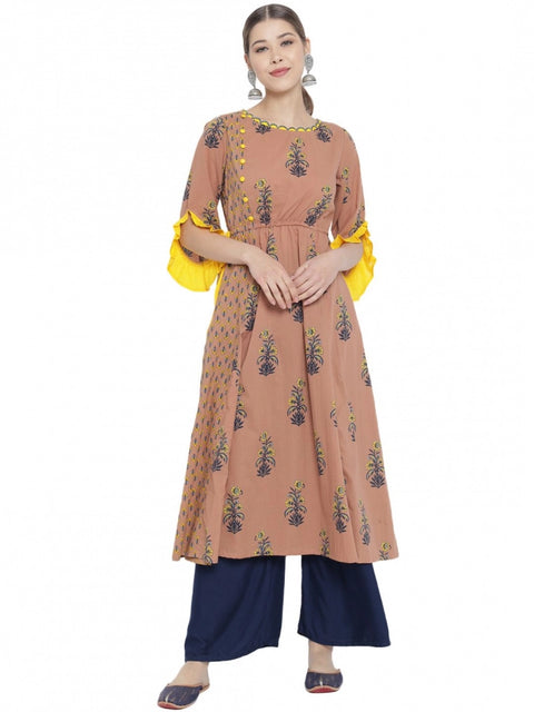 Generic Women's Casual 3/4 th Sleeve Floral Printed Cotton Kurti (MultiColor)