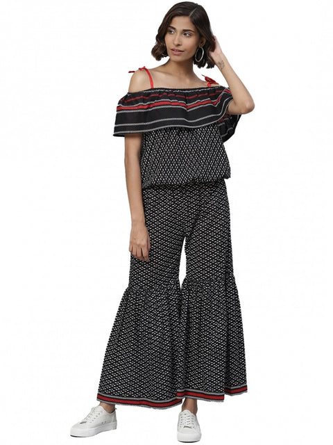 Women's Casual shoulder sleeve Geomatrical Printed Cotton Dress (Black)