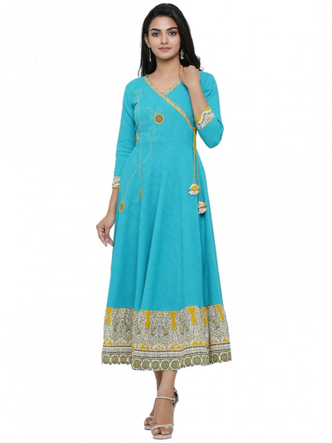 Generic Women's Casual 3/4 th Sleeve Embroidery Cotton Blend Kurti (Torque Green)