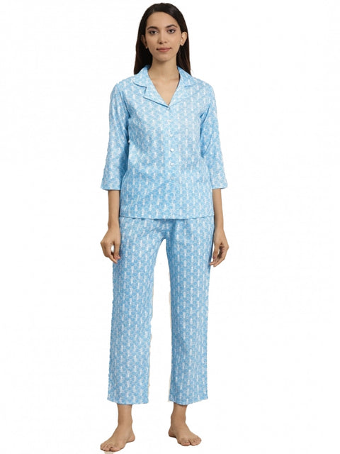 Generic Women's Casual 3/4 th Sleeve Floral Printed Rayon Shirt With Pyjama Pant Night Suit Set (Blue)