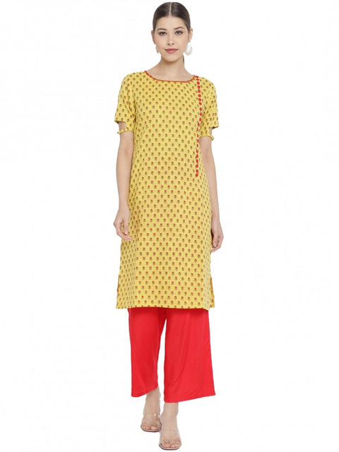 Generic Women's Casual Short Sleeves Floral Printed Cotton & Rayon Kurti Palazzo Set (Yellow & Red)