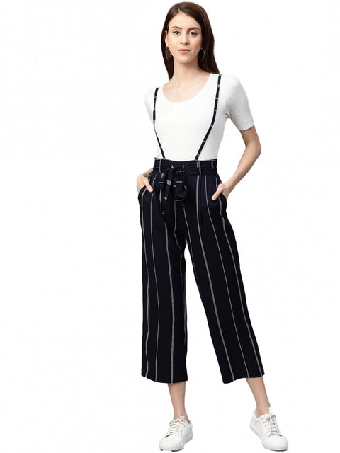 Women's Casual Short Sleeve Striped Rayon Dungaree (Blue)