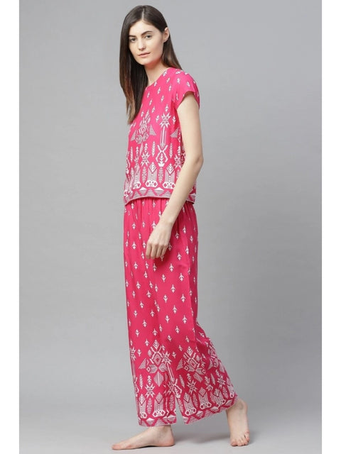 Generic Women's Casual Short Sleeve Printed Rayon Pajama Set (Pink)