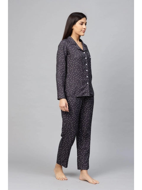 Generic Women's Casual Full Sleeves Polka Dot Printed Rayon Shirt With Pyjama Pant Night Suit Set (Grey)