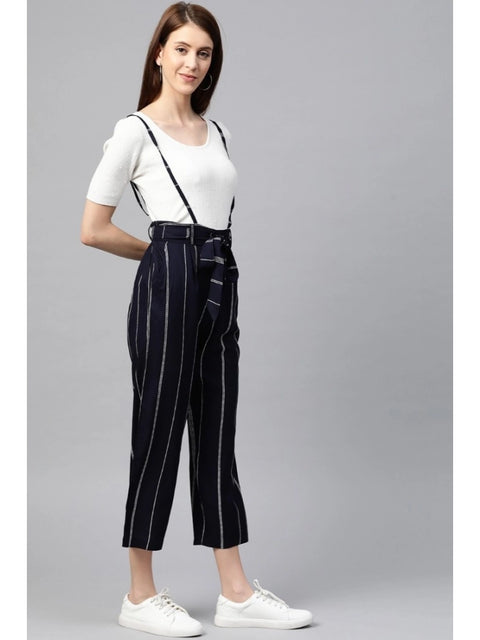 Women's Casual Short Sleeve Striped Rayon Dungaree (Blue)