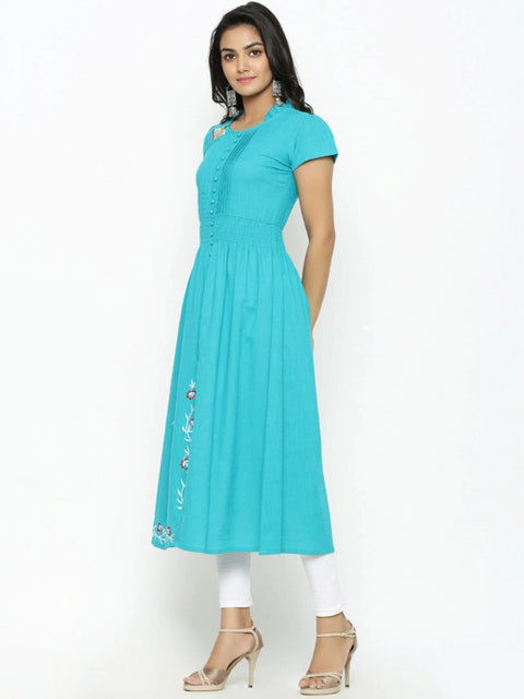 Generic Women's Casual Short Sleeve Embroidery Cotton Slub Kurti (Torque Green)
