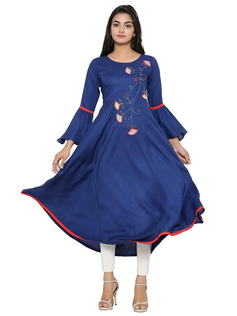 Generic Women's Casual Bell Sleeves Embroidery Rayon Kurti (Blue)