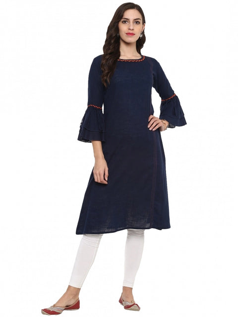 Generic Women's Casual Bell Sleeves Solid Cotton Slub Kurti (Blue)