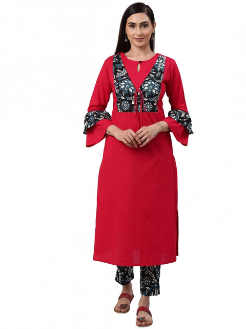 Generic Women's Casual Bell Sleeves Floral Printed Cotton Kurti Set (Rani Pink)