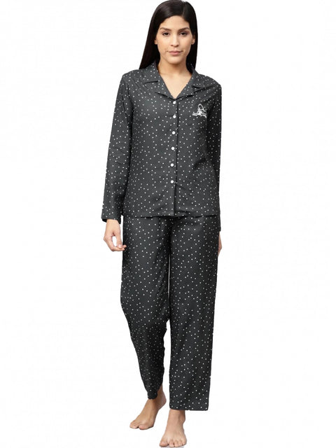 Generic Women's Casual Full Sleeves Polka Dot Printed Rayon Shirt With Pyjama Pant Night Suit Set (Grey)