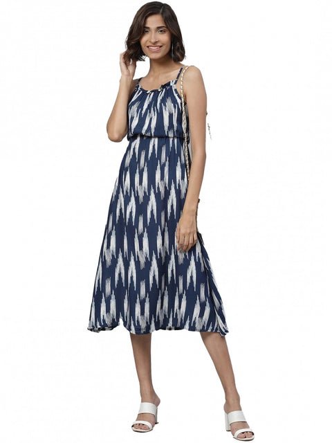 Women's Casual Sleeveless Ikat Print Rayon Dress (Blue)