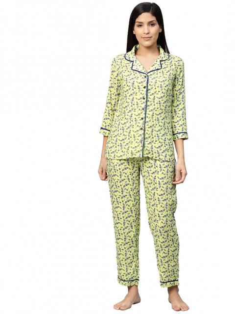 Generic Women's Casual 3/4 Sleeve Floral Printed Rayon Shirt With Pyjama Pant Night Suit Set (Green)