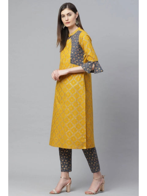 Generic Women's Casual Bell Sleeves Geomatrical Printed Cotton Kurti Set (Yellow)