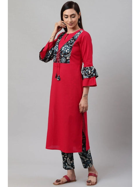 Generic Women's Casual Bell Sleeves Floral Printed Cotton Kurti Set (Rani Pink)