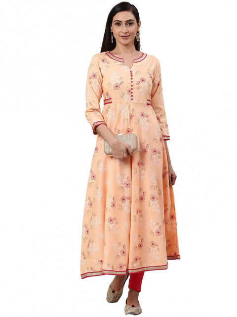 Generic Women's Casual 3/4 th Sleeve Floral Printed Rayon Kurti (Peach)