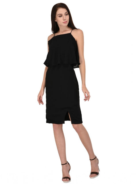 Women's Cotton Blend Solid Sleeveless Dress (Black)