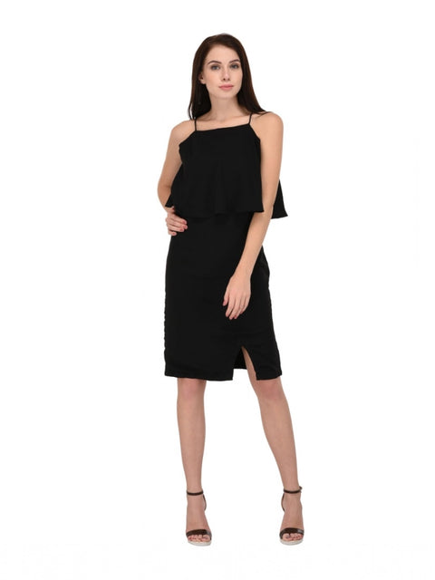 Women's Cotton Blend Solid Sleeveless Dress (Black)