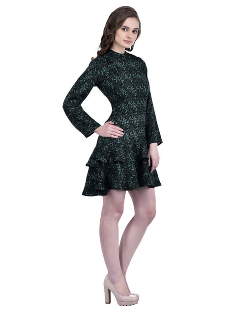 Women's Cotton Blend Floral Full Sleeves Dress (Green)