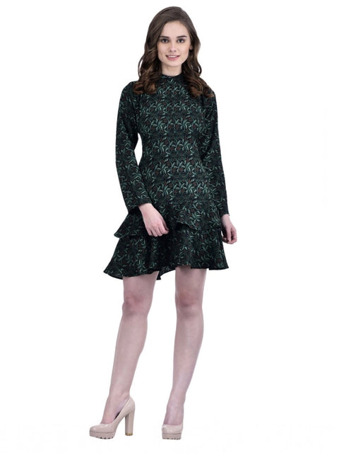Women's Cotton Blend Floral Full Sleeves Dress (Green)