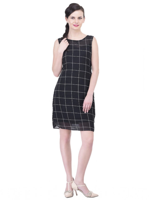 Women's Cotton Blend Checked Sleeveless Sheath Dress (Black)