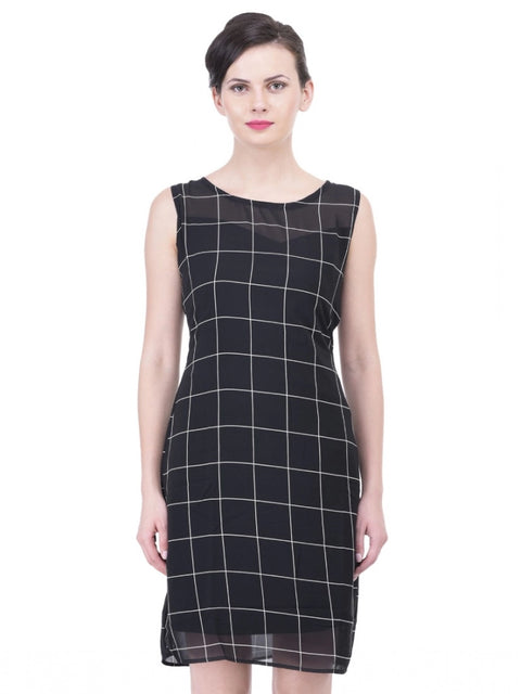 Women's Cotton Blend Checked Sleeveless Sheath Dress (Black)