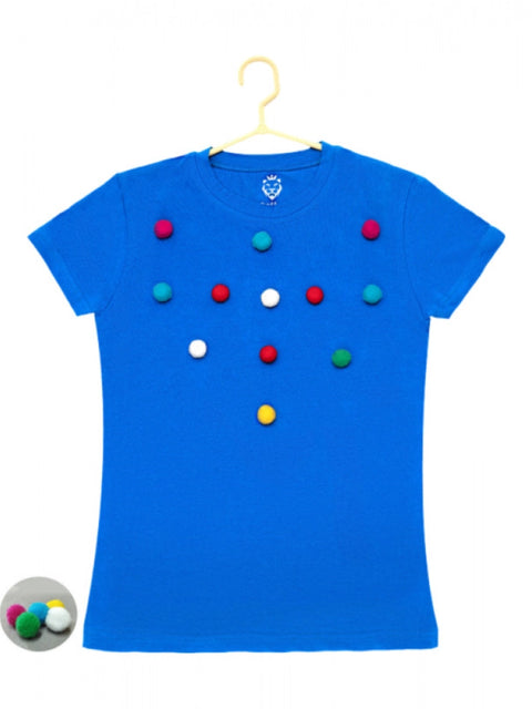 Generic Girl's Casual Short Sleeve Pom Pom Balls Cotton T Shirt (Royal Blue)