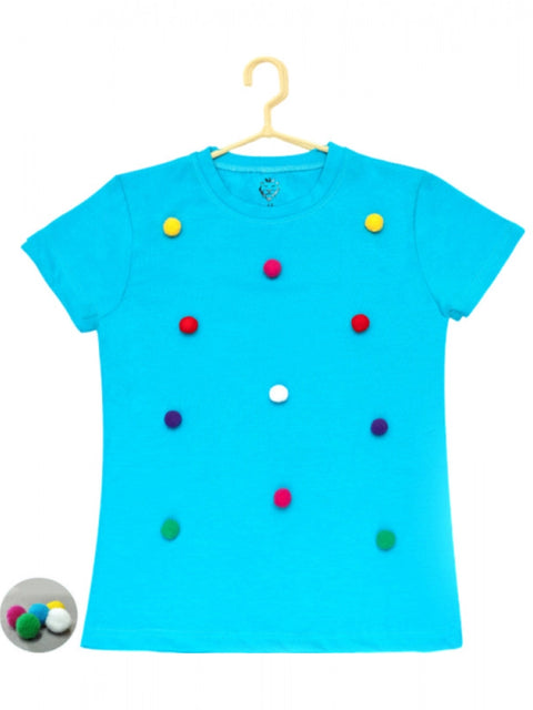 Generic Girl's Casual Short Sleeve Pom Pom Balls Cotton T Shirt (Blue)