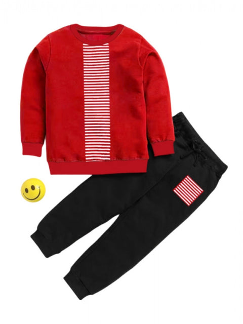 Generic Boy's Casual Full Sleeve Printed Cotton T Shirt With Pant (Red)