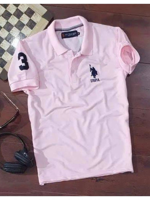 Generic Men's Casual Half sleeve Solid Cotton Polo Neck T-shirt (Pink)