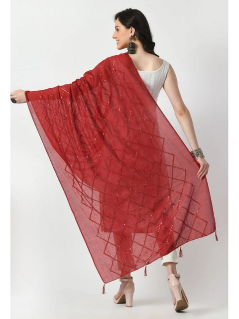 Generic Women's Chanderi Self Design Dupatta (Maroon, Length: Free Size)