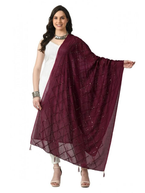 Generic Women's Chanderi Self Design Dupatta (Wine, Length: Free Size)