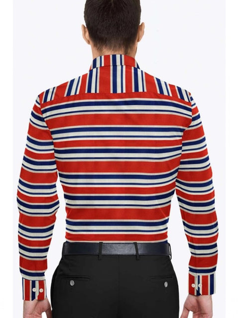 Generic Men's Cotton Blended Striped Full Sleeve Shirt (Red-Blue)