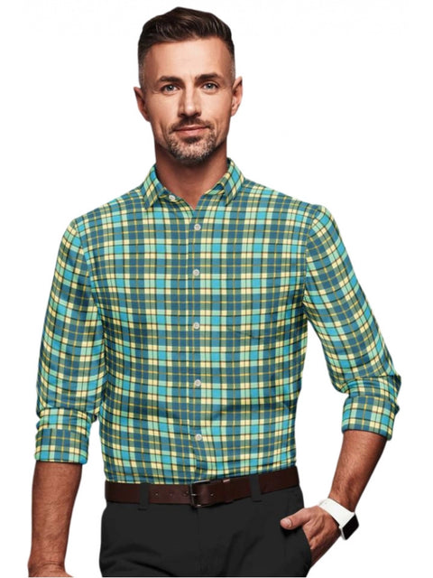 Generic Men's Cotton Blended Checked Full Sleeve Shirt (Green-Yellow)