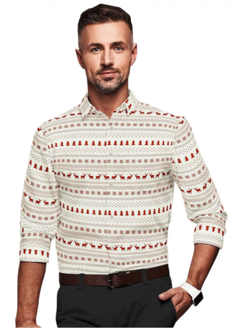 Generic Men's Cotton Blended Printed Full Sleeve Shirt (White-Red)