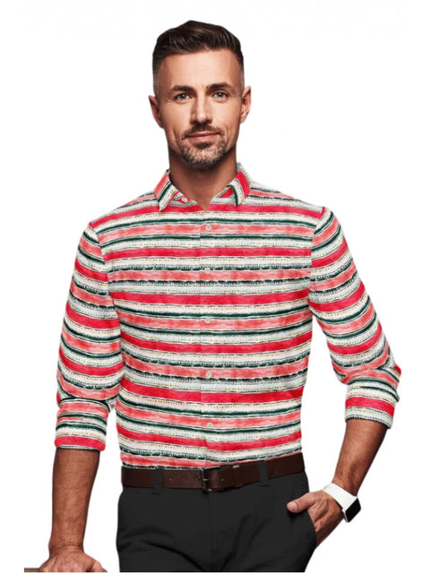 Generic Men's Cotton Blended Striped Full Sleeve Shirt (Red-White)