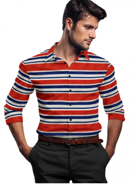 Generic Men's Cotton Blended Striped Full Sleeve Shirt (Red-Blue)