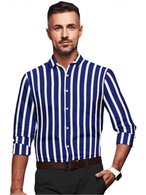 Generic Men's Cotton Blended Striped Full Sleeve Shirt (White-Blue)