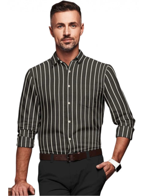 Generic Men's Cotton Blended Striped Full Sleeve Shirt (Black-White)