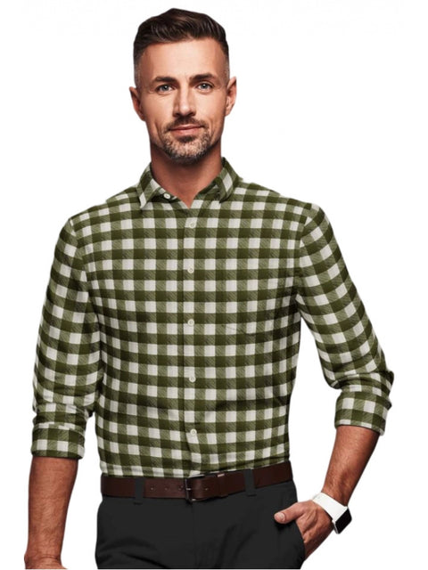 Generic Men's Cotton Blended Checked Full Sleeve Shirt (White-Green)