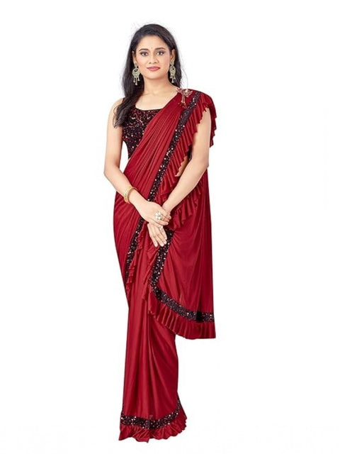 Women's Lycra Solid Saree With Unstitched Blouse (Red, 5.5 Mtr)