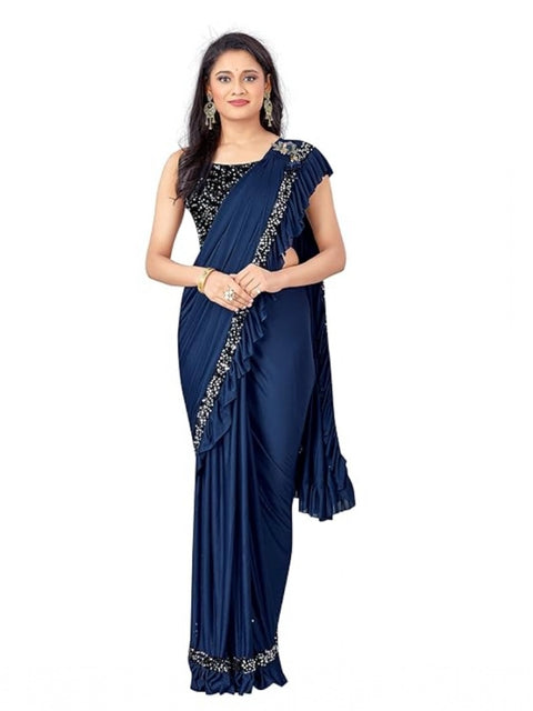 Women's Lycra Solid Saree With Unstitched Blouse (Nay Blue, 5.5 Mtr)