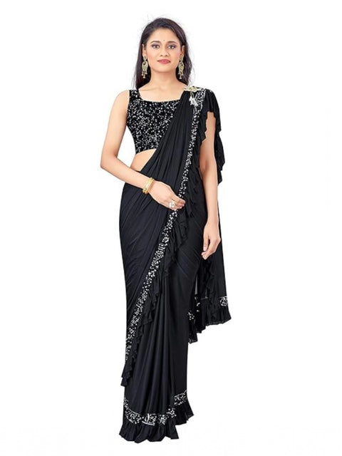 Women's Lycra Solid Saree With Unstitched Blouse (Black, 5.5 Mtr)