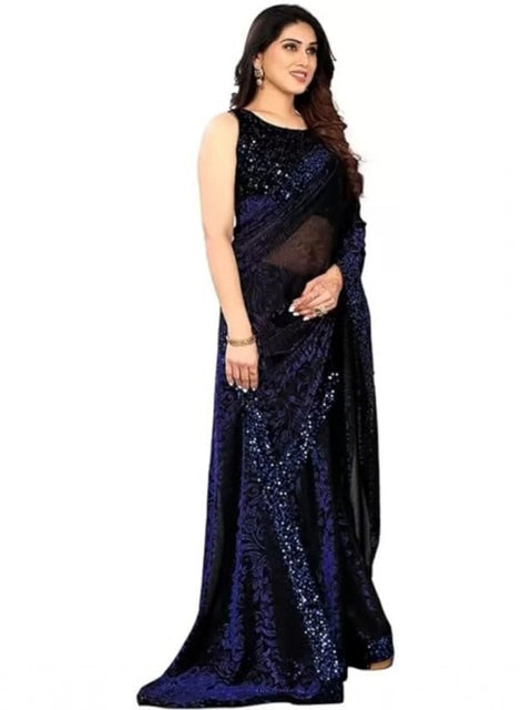 Women's Lycra Floral Saree With Unstitched Blouse (Blue, 5.5 Mtr)