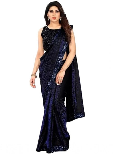 Women's Lycra Floral Saree With Unstitched Blouse (Blue, 5.5 Mtr)