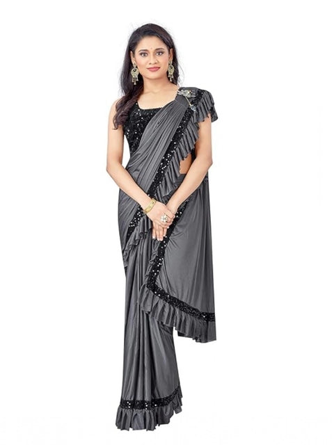 Women's Lycra Solid Saree With Unstitched Blouse (Grey, 5.5 Mtr)