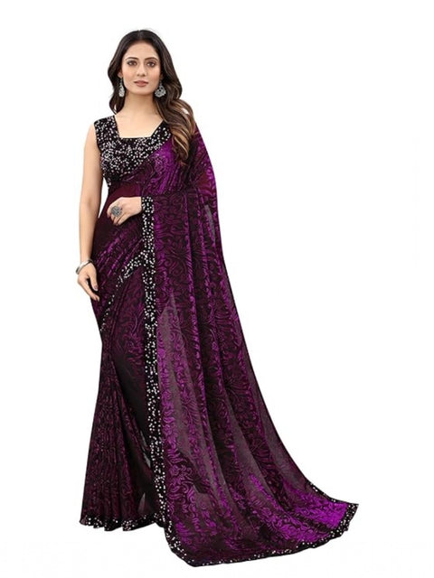 Women's Lycra Floral Saree With Unstitched Blouse (Wine, 5.5 Mtr)