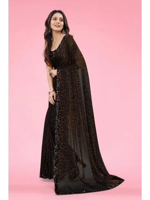 Women's Lycra Floral Saree With Unstitched Blouse (Brown, 5.5 Mtr)