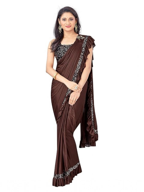 Women's Lycra Solid Saree With Unstitched Blouse (Brown, 5.5 Mtr)