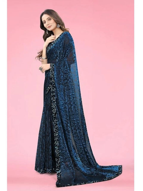 Women's Lycra Floral Saree With Unstitched Blouse (Blue, 5.5 Mtr)